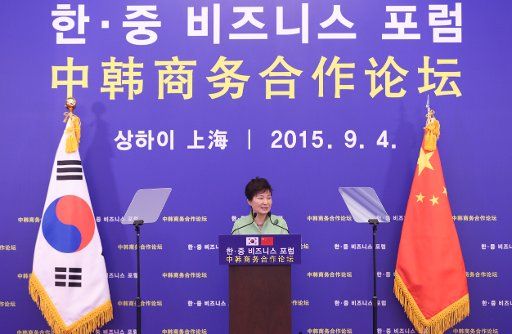 (150904) -- SHANGHAI, Sept. 4, 2015 (Xinhua) -- President of the Republic of Korea (ROK) Park Geun-hye addresses the China-ROK business cooperation forum in Shanghai, east China, Sept. 4, 2015. Park arrived in Shanghai for a visit on Thursday ...
