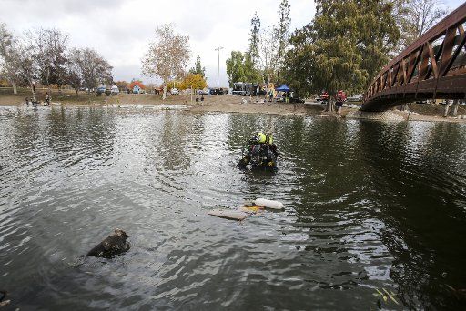 (151211) -- SAN BERNARDINO, Dec. 11, 2015 (Xinhua) -- An FBI dive team member conducts a search at Seccombe Lake Park in San Bernardino, California, the United State on Dec. 11, 2015. The FBI said leads indicate the shooters who killed 14 people at ...