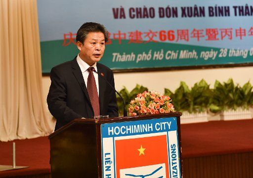 (160129) -- HO CHI MINH CITY, Jan. 29, 2016 (Xinhua) -- Chen Dehai, Chinese Consul General in Ho Chi Minh city gives a speech during a reception to celebrate the 66th anniversary of the establishment of China-Vietnam diplomatic relations and the ...