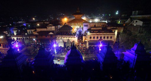 (160307) -- KATHMANDU, March 7, 2016 (Xinhua) -- Devotees gather at Pashupatinath temple during the Maha Shivaratri festival in Kathmandu, Nepal, on March 6, 2016. The auspicious occasion is celebrated annually in the Nepali month of Falgun, ...