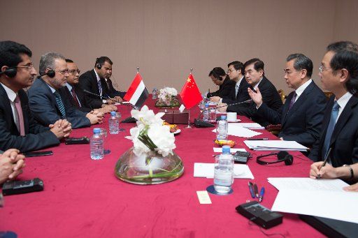 (160512) -- DOHA, May 12, 2016 (Xinhua) -- Chinese Foreign Minister Wang Yi (2nd R) meets with Yemeni Deputy Prime Minister and Foreign Minister Abdulmalik al-Mekhlafi (2nd L) in Doha, Qatar, May 11, 2016. Wang and al-Mekhlafi are in the Qatari ...