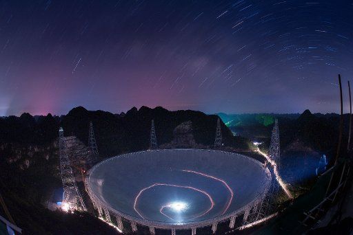 (160628) -- GUIZHOU, June 28, 2016 (Xinhua) -- Photo taken on June 27, 2016 shows the Five-hundred-meter Aperture Spherical Telescope, or "FAST," at night in Pingtang County, southwest China\