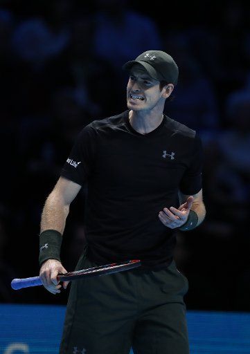 (161119) -- LONDON, Nov. 19, 2016 (Xinhua) -- Andy Murray of Britain reacts during the group match with Stan Wawrinka of Switzerland at the 2016 ATP World Tour Final at O2 Arena in London, Britain, on Nov. 18, 2016. Murray won 2-0. (Xinhua\/Han Yan)