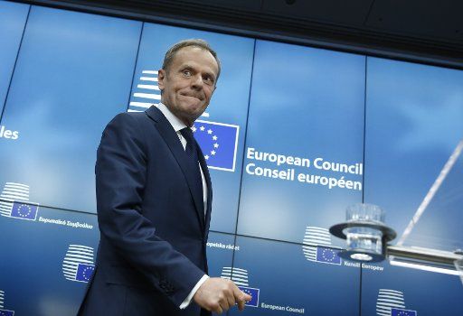(170309) -- BRUSSELS, March 9, 2017 (Xinhua) -- European Council President Donald Tusk arrives at a press conference at the end of the first day of the European Council spring summit in Brussels, Belgium, on March 9, 2017. Donald Tusk on Thursday ...