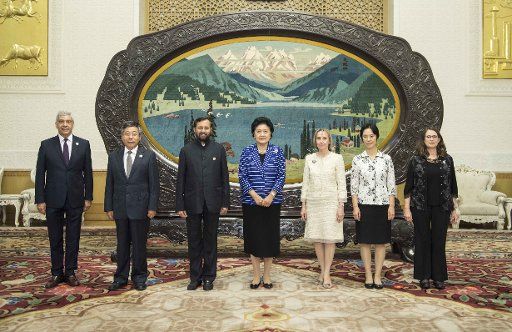 (170705) -- BEIJING, July 5, 2017 (Xinhua) -- Chinese Vice Premier Liu Yandong (C) meets with heads of foreign delegations attending a meeting of BRICS ministers of education, in Beijing, capital of China, July 5, 2017. (Xinhua\/Li Tao) (lb)