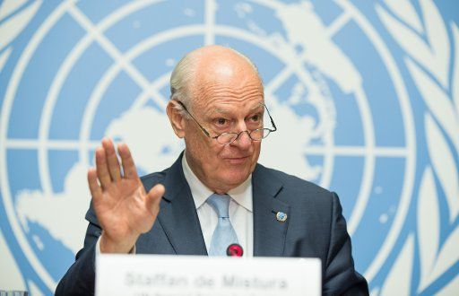 (170714) -- GENEVA, July 14, 2017 (Xinhua) -- The UN Special Envoy for Syria Staffan de Mistura speaks at a press conference at Palais des Nations in Geneva, Switzerland, on July 14, 2017. The UN Special Envoy for Syria Staffan de Mistura said on ...