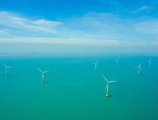 (170815) -- PUTIAN, Aug. 15, 2017 (Xinhua) -- Photo taken on Aug. 14, 2017 shows the Pinghai bay offshore wind power project in Putian, southeast China\