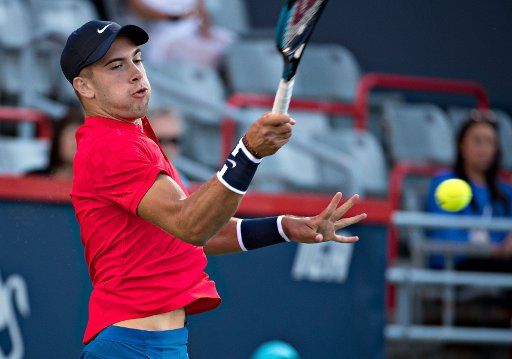 (170810) -- MONTREAL, Aug. 10, 2017 (Xinhua) -- Borna Coric of Croatia returns to Rafael Nadal of Spain during the second round match at the Rogers Cup tennis tournament in Montreal, Canada, on Aug. 9, 2017. (Xinhua\/Andrew Soong)
