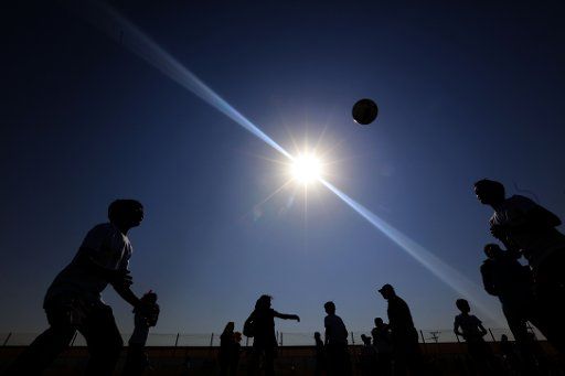 (170912) -- MAFRAQ (JORDAN), Sept. 12, 2017 (Xinhua) -- Syrian refugee children play football at Zaatari Syrian refugee camp in the Jordanian city of Mafraq near the border with Syria on Sept. 12, 2017. (Xinhua\/Mohammad Abu Ghosh) (zjy)