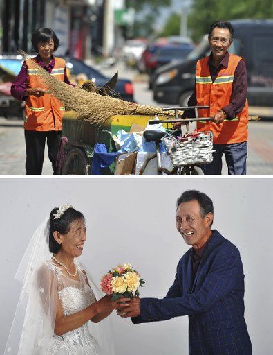 (170830) -- SHIJIAZHUANG, Aug. 30, 2017 (Xinhua) -- Combination photo taken on Aug. 30, 2017 shows work photo (upper) and their wedding photo of sanitation workers Liu Wanfu (male) and Jia Qilan in Huanghua City, north China\