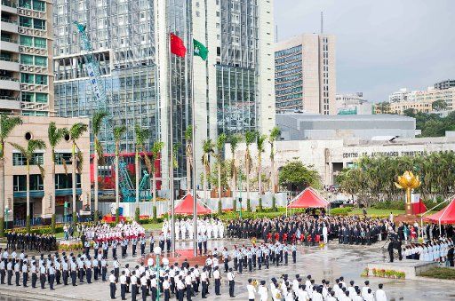 (171001) -- MACAO, Oct. 1, 2017 (Xinhua) -- A national flag-raising ceremony is held in Macao, south China, Oct. 1, 2017, marking the 68th anniversary of the founding of the People\