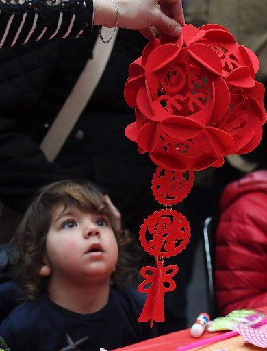 (180211) -- WASHINGTON D.C., Feb. 11, 2018 (Xinhua) -- A boy views a Chinese lantern during the Chinese New Year Family Festival in Washington D.C., the United States, on Feb. 10, 2018. A drizzling rain on Saturday did not dampen the passion of thousands of families who came to the Smithsonian American Art Museum (SAAM) for the world\