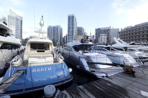 (180509) -- BEIRUT, May 9, 2018 (Xinhua) -- Photo taken on May 9, 2018 shows the scene of the International Boat and Super Yacht Show in Beirut, Lebanon. The 11th International Boat and Super Yacht Show is held here from May 9 to May 13. (Xinhua\/Bilal Jawich)