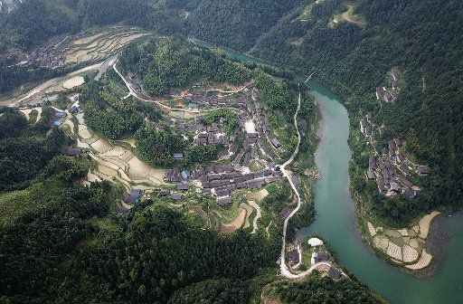 (180609) -- DANZHAI, June 9, 2018 (Xinhua) -- Aerial photo taken on June 8, 2018 shows the Jijia Miao Village in Yangwu Town of Danzhai County, southwest China\
