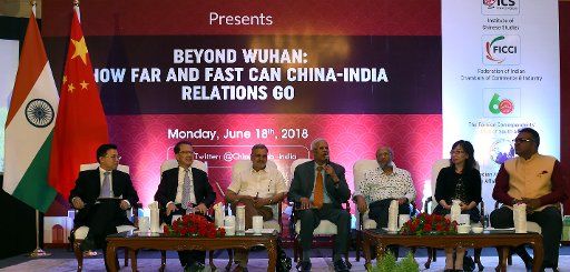 (180619) -- NEW DELHI, June 19, 2018 (Xinhua) -- A seminar entitled "Beyond Wuhan: How Far and Fast Can China-India Relations Go" is held in New Delhi, India, on June 18, 2018. The China-India relations could be promoted with the help of "Five Cs" -communication, cooperation, contacts, coordination and control, Chinese Ambassador Luo Zhaohui said on Monday. (Xinhua\/Zhang Naijie) (nxl)