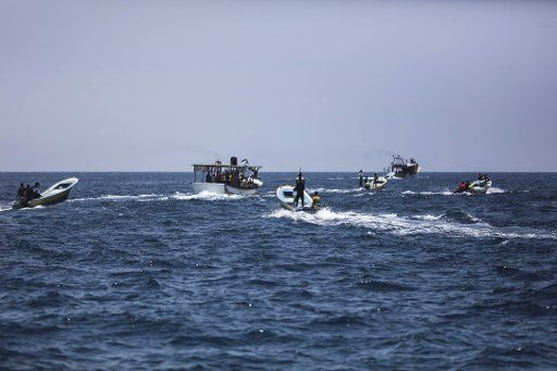 (180529) -- GAZA, May 29, 2018 (Xinhua) -- Fishing boats trying to breach Israeli naval blockade set to sail in Gaza, on May 29, 2018. The Gaza Strip has been under Israeli blockade for more than a decade. (Xinhua\/Wissam Nassar) (dtf)