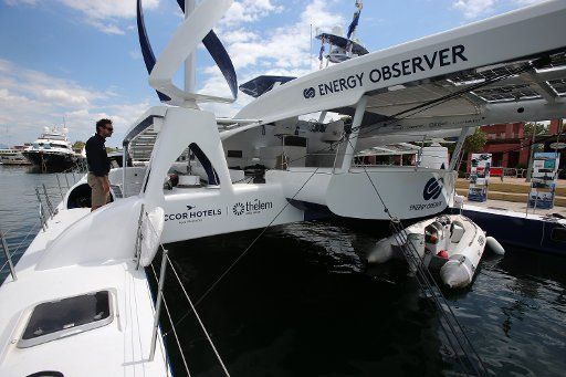 (180622) -- ATHENS, June 22, 2018 (Xinhua) -- The vessel "Energy Observer" is docked at Flisvos Marina in Athens, Greece, on June 21, 2018. The first vessel powered by renewables and hydrogen, "Energy Observer", has moored at Flisvos Marina in Athens this week in the 20th stopover of its world tour to raise awareness on energy transition and meet pioneers who work for a cleaner planet. (Xinhua\/Marios Lolos) (dtf)