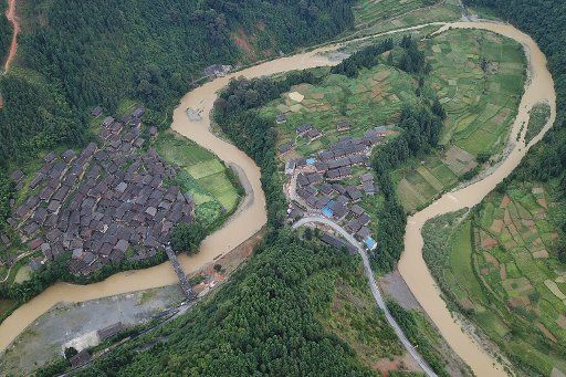 (180624) -- RONGJIANG, June 24, 2018 (Xinhua) -- Aerial photo taken on June 24, 2018 shows the scenery of Wugong Dong Village in Rongjiang County, southwest China\
