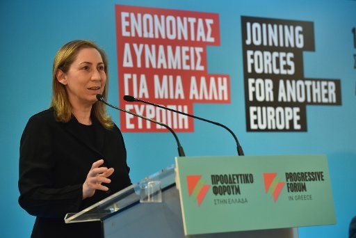 (180828) -- ATHENS, Aug. 28, 2018 (Xinhua) -- File photo taken on March 16, 2018 shows Mariliza Xenogiannakopoulou speaking during a forum in Athens, Greece. Greek Prime Minister Alexis Tsipras proceeded to a cabinet reshuffle, government spokesperson Dimitris Tzanakopoulos announced on Aug. 28 in a televised statement on Greek national broadcaster ERT. Mariliza Xenogiannakopoulou was appointed as the new Minister of Administrative Reconstruction. (Xinhua\/Giorgos Kontarinis)