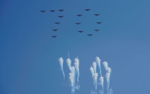 (180909) -- PYONGYANG, Sept. 9, 2018 (Xinhua) -- Planes form the number "70" in the sky during a parade to celebrate the 70th anniversary of the founding of the Democratic People\