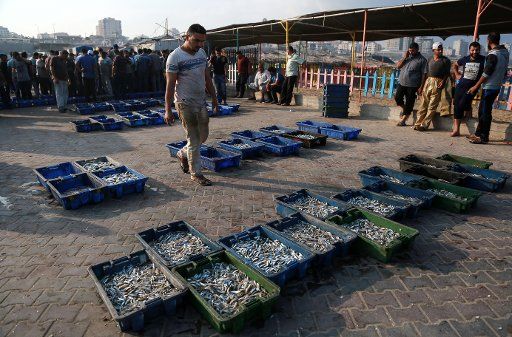 (180918) -- GAZA, Sept. 18, 2018 (Xinhua) -- Palestinian fishermen display their catch at the seaport in Gaza, in Gaza City, on Sept. 17, 2018. TO GO WITH Feature: Gaza fishermen struggle to survive amid Israel\