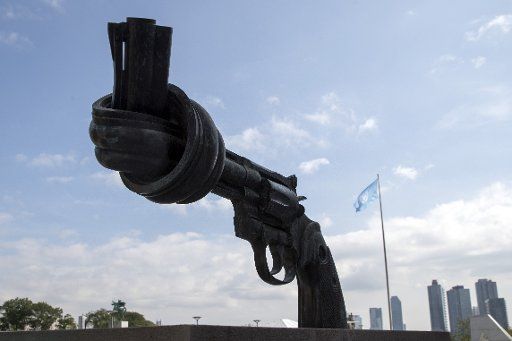 (181002) -- UNITED NATIONS, Oct. 2, 2018 (Xinhua) -- The Non-Violence sculpture is pictured at the United Nations headquarters in New York, on the International Day of Non-Violence, Oct. 2, 2018. Despite the severe challenges the world faces, there is still hope as non-violence is part of humanity, said Maria Fernanda Espinosa, president of the UN General Assembly, on Tuesday. The International Day of Non-Violence is Oct. 2, the birthday of Gandhi. (Xinhua\/Li Muzi)