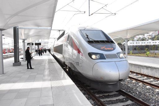 (181116) -- RABAT, Nov. 16, 2018 (Xinhua) -- A high-speed train is seen at a station in Rabat, Morocco, on Nov. 16, 2018. Moroccan King Mohammed VI and French President Emmanuel Macron launched Thursday the first high-speed train in Africa. The new train exceeded a speed of 220 miles (352 km) per hour in the tests, but it will travel at a speed of 320 km per hour during normal operation. (Xinhua\/Aissa)