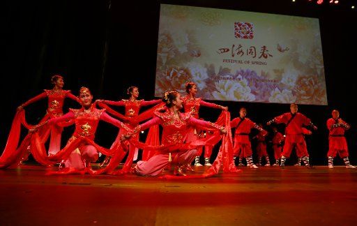 (190211) -- CAPE TOWN, Feb. 11, 2019 (Xinhua) -- Chinese artists perform traditional dance during a show to celebrate the Spring Festival at the Cape Town International Conference Center in Cape Town, South Africa, on Feb. 10, 2019. (Xinhua\/Amando Herdade)