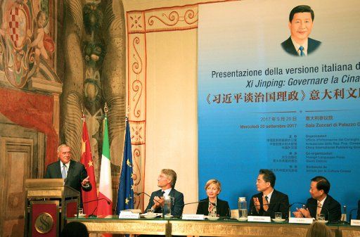 (190303) -- BEIJING, March 3, 2019 (Xinhua) -- Italian Senate Speaker Pietro Grasso (1st L) addresses the launch ceremony of the Italian edition of "Xi Jinping: The Governance of China" in Rome, Italy, Sept. 20, 2017. (Xinhua\/Li Jie)