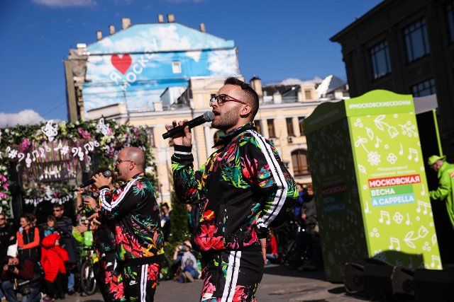 (190504) -- MOSCOW, May 4, 2019 (Xinhua) -- Participants perform onstage during the Moscow Springs A Cappella Festival in Moscow, Russia, on May 4, 2019. The Moscow Spring A Cappella Festival is an open international contest for a cappella singers. The event is held here from May 1 to 12 this year. (Xinhua\/Maxim Chernavsky