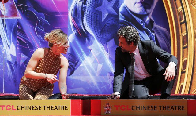 (190424) -- LOS ANGELES, April 24, 2019 (Xinhua) -- Actress Scarlett Johansson (L) and actor Mark Ruffalo attend their print ceremony in the forecourt of the TCL Chinese Theater in Los Angeles, the United States, April 23, 2019. The cast of Marvel Studios "Avengers: Endgame" including Robert Downey Jr., Chris Evans, Mark Ruffalo, Chris Hemsworth, Scarlett Johansson, and Jeremy Renner, along with Marvel Studios President Kevin Feige, received one of Hollywood\