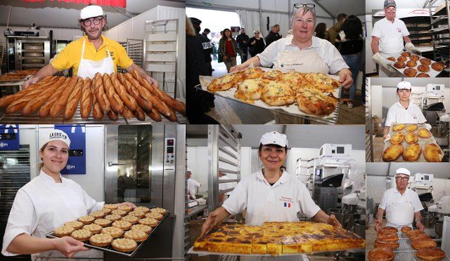(190512) -- PARIS, May 12, 2019 (Xinhua) -- Combo photo shows bakers displaying newly-made bread during a bread festival in Paris, France, May 11, 2019. The 24th bread festival is held in Paris from May 11 to 19 at the Place Louis L¨¦pine, a stone\