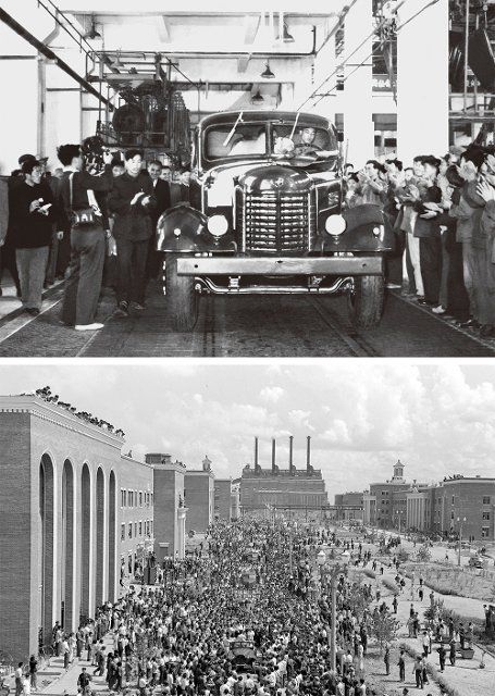 (190630) -- BEIJING, June 30, 2019 (Xinhua) -- Combo photo shows the first Jiefang truck made by China FAW Group Corporation rolling off the assembly line on July 13, 1956 (top, file photo), and FAW\
