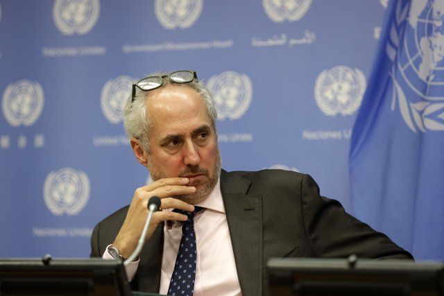 (190619) -- UNITED NATIONS, June 19, 2019 (Xinhua) -- Stephane Dujarric, spokesperson for United Nations Secretary-General Antonio Guterres, attends a press briefing at the UN headquarters in New York, June 19, 2019. Stephane Dujarric said on Wednesday that the power and authority to launch international follow-up criminal investigations on Saudi journalist Jamal Khashoggi\