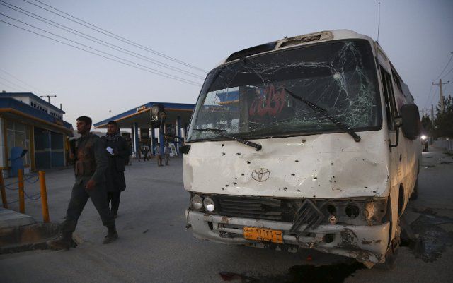 (190804) -- KABUL, Aug. 4, 2019 (Xinhua) -- Photo taken on Aug. 4, 2019 shows a damaged bus at the site of a blast in Kabul, capital of Afghanistan. At least two people were killed and four others injured as a blast rocked the Afghan capital of Kabul on Sunday, Interior Ministry spokesman Nasrat Rahimi said. (Xinhua\/Rahmatullah Alizadah)