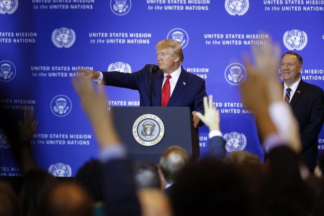 (190926) -- NEW YORK, Sept. 26, 2019 (Xinhua) -- U.S. President Donald Trump attends a press conference in New York Sept. 25, 2019. Donald Trump met with his Ukrainian counterpart Volodymyr Zelensky in New York on Wednesday, a day after U.S. House Speaker Nancy Pelosi\