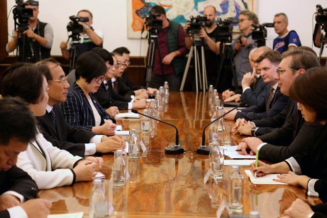 (191015) -- BELGRADE, Oct. 15, 2019 (Xinhua) -- President of Serbia and the ruling Progressive Party of Serbia (SNS) Aleksandar Vucic (2nd R) meets with Yang Xiaodu (3rd L), a member of the Political Bureau of the Communist Party of China (CPC) Central Committee, also a member of the Secretariat of the CPC Central Committee, deputy secretary of the CPC Central Commission for Discipline Inspection and head of the national supervisory commission, in Belgrade, Serbia, Oct. 14, 2019. (Xinhua\/Shi Zhongyu)