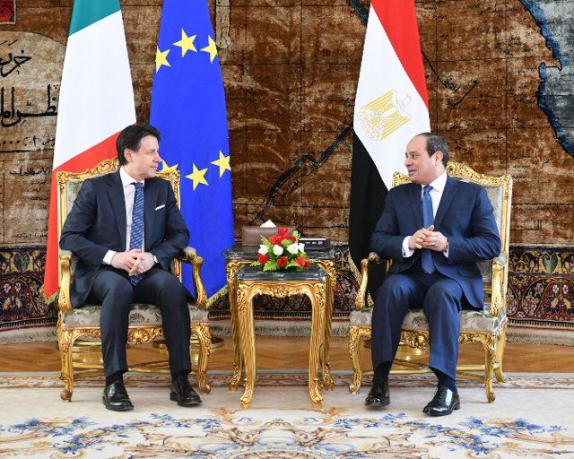 (200114) -- CAIRO, Jan. 14, 2020 (Xinhua) -- Egyptian President Abdel-Fattah al-Sisi (R) meets with Italian Prime Minister Giuseppe Conte in Cairo, Egypt, on Jan. 14, 2020. Egyptian President Abdel-Fattah al-Sisi and Italian Prime Minister Giuseppe Conte agreed on Tuesday to intensify joint efforts aiming at a political solution to the Libyan crisis. (MENA via Xinhua