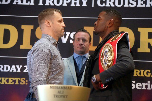 (200123) -- RIGA, Jan. 23, 2020 (Xinhua) -- Yuniel Dorticos (R) of Cuba and Mairis Briedis (L) of Latvia attend a media event before their upcoming World Boxing Super Series Cruiserweight final in Riga, Latvia, Jan. 22, 2020. The fight will take place on March 21 in Riga, Latvia. (Xinhua\/Edijs Palens