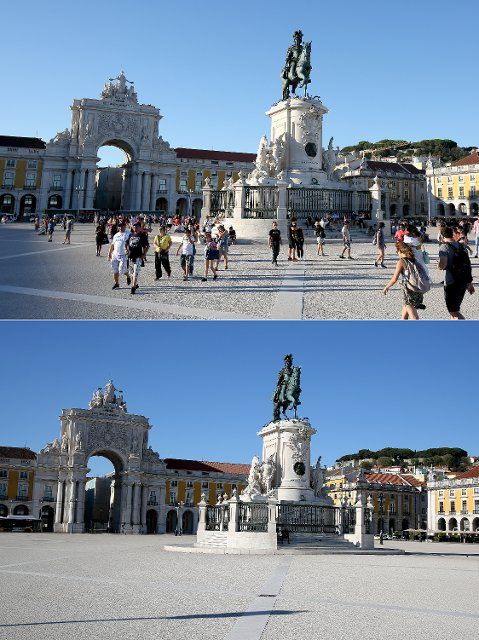 (200403) -- LISBON, April 3, 2020 (Xinhua) -- Combo photo shows tourists at the Comercio square (upper) in downtown Lisbon, Portugal on Aug. 14, 2019 and an empty Comercio square during partial lockdown as part of state of emergency to combat the COVID-19 outbreak on April 2, 2020. (Photo by Pedro Fiuza\/Xinhua)