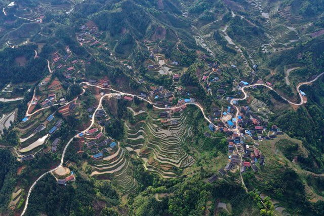 (200425) -- RONGSHUI, April 25, 2020 (Xinhua) -- Aerial photo taken on April 25, 2020 shows terraced fields at Dangjiu Village of Gandong Township in Rongshui Miao Autonomous County, south China\