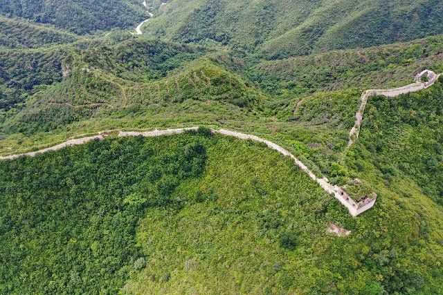 (200713) -- TANGSHAN, July 13, 2020 (Xinhua) -- Aerial photo taken on July 13, 2020 shows the view of Hongyukou section of the Great Wall in Qian\
