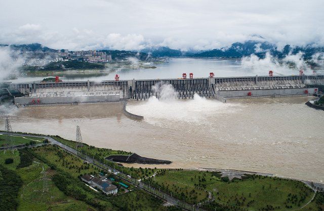 (200629) -- WUHAN, June 29, 2020 (Xinhua) -- Aerial photo taken on June 29, 2020 shows water gushing out from sluiceways of the Three Gorge reservoir on the Yangtze River in central China\
