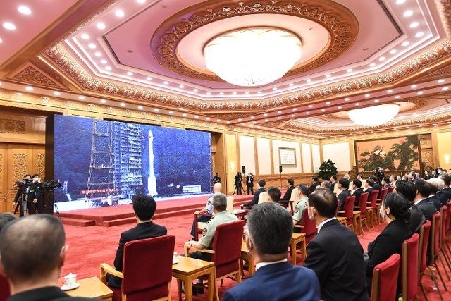 (200731) -- BEIJING, July 31, 2020 (Xinhua) -- The completion and commissioning ceremony for the BeiDou Navigation Satellite System (BDS-3) is held at the Great Hall of the People in Beijing, capital of China, July 31, 2020. (Xinhua\/Yan Yan