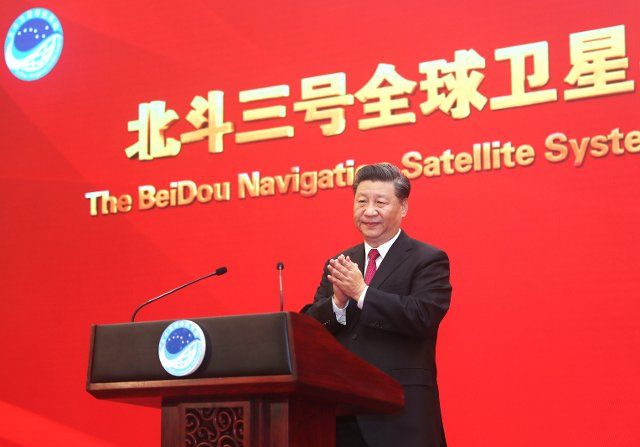 (200731) -- BEIJING, July 31, 2020 (Xinhua) -- Chinese President Xi Jinping, also general secretary of the Communist Party of China Central Committee and chairman of the Central Military Commission, attends the completion and commissioning ceremony for the BeiDou Navigation Satellite System (BDS-3) in Beijing, capital of China, July 31, 2020. Xi declared the official commissioning of the newly completed BDS-3 system. (Xinhua\/Ju Peng