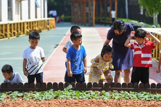 (200902) -- CHANGSHA, Sept. 2, 2020 (Xinhua) -- A teacher helps students make out crops at a kindergarten in Changsha, central China\