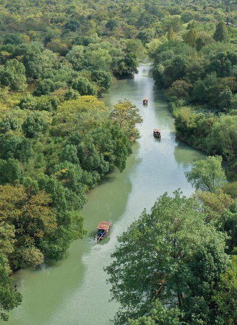 (201008) -- HANGZHOU, Oct. 8, 2020 (Xinhua) -- Aerial photo taken on Oct. 8, 2020 shows sightseeing boats in Xixi National Wetland Park in Hangzhou, east China\