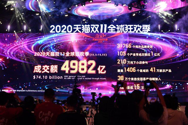 (201112) -- HANGZHOU, Nov. 12, 2020 (Xinhua) -- The giant screen shows sales on Alibaba\