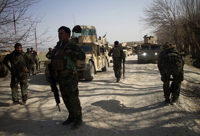(210209) -- JALALABAD, Feb. 9, 2021 (Xinhua) -- Afghan security force members take part in a military operation against Taliban militants in Shirzad district of Nangarhar province, Afghanistan, Feb. 9, 2021. Scores of militants were killed over the past five days in eastern Nangarhar province as the Afghan security forces stepped up the crackdown on them, an army commander in the province said Tuesday. (Photo by Saifurahman Safi\/Xinhua