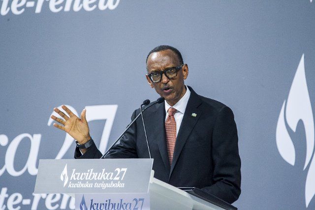 (210407) -- KIGALI, April 7, 2021 (Xinhua) -- Rwandan President Paul Kagame delivers a speech during a ceremony marking the 27th commemoration of the 1994 genocide against the Tutsi in Kigali, capital city of Rwanda, on April 7, 2021. The central African nation on Wednesday began the annual national commemoration for over 1 million victims that lasts for three months, including a mourning week at the beginning. More than 500 Rwandans, friends of Rwanda, members of diplomatic corps gathered in Kigali\